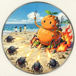 memorable animation key shot, fisheye, illustration, paper texture, pencil lines, escape as cell shaded spider tanks firing at lanky citrus golem covered in fishing wire, hooks and barnacles at the beach, flames, by shawn tan, by satoshi kon, ilya repin, lena aenami, shinji kimura, pastel color palette, vibrant