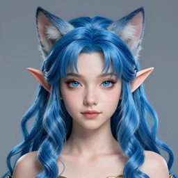 studio photographic vibrant of a extremely beautiful young cat girl and elves hybrid, symmetrical, long blue wavy hair, sharp focus on the eyes, long shot, wide shot, final fantasy, details, intricate, octane render, smooth face, illustration, hyperrealistic, by wlop and dmitry prozorov, artgerm, artstation, award winning,