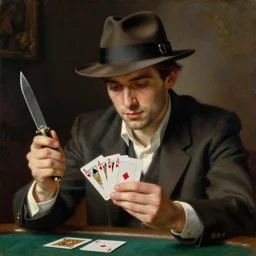 a smooth guy with a fedora and a switch blade, good at cards, plays music, gambles like no one, a painting by Godward