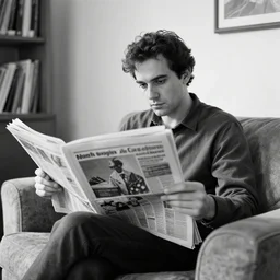 black and white skech portrait from a man sits in a living room while he reads the newspaper