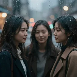 a beautiful people photographed through a rainy window, bokeh, cinematic light,