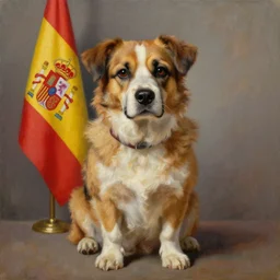 Spanish politician Pedro Sanchez as anthropomorphic dog, oil painting