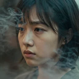 realistic photography profile face of an ugly woman 3 5 years old with a bit of bear, short hair, few wrinkles around eyes, sexy, cinematographic, cinematic light, close up view, intense, colorize, smoke and fog around, 8 0 mm lens