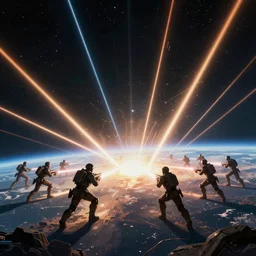 paint an epic sci - fi battle scene as sd ai would paint it, in the tyle of tom bagshaw, epic scene on earth like planet surface, glowing light and shadow, cinematic lighting, unreal engine, atmospheric, god lighting, lasers