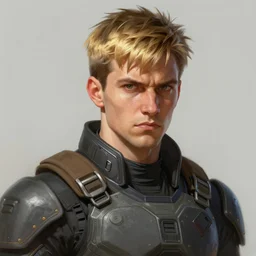 Portrait of a man by Greg Rutkowski, he is about 20 years old, mixture turkish and russian, short dark blonde hair with bangs, attractive, angry but resigned look, he is wearing a futuristic tactical gear, highly detailed portrait, scifi, digital painting, artstation, concept art, smooth, sharp foccus ilustration, Artstation HQ.