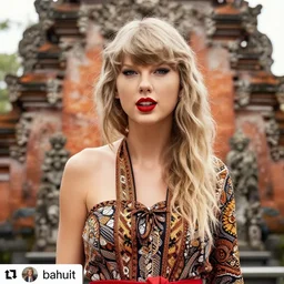 taylor swift wearing batik bali in bali. temple background. front view. instagram holiday photo shoot, closeup