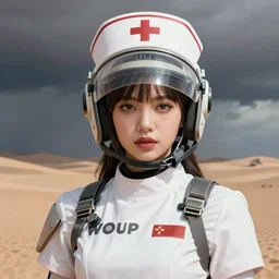 portrait of white dieselpunk blackpink lisa nurse girl, helmet, stormy sand desert, armored, highly detailed, digital painting, face detail, sharp focus, art, illustrations by loish and ayanamikodon and irakli nadar and rossdraws and wlop