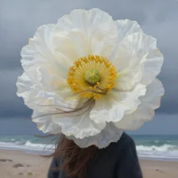 closeup, enormous flower head, a girl on beach, surreal photography, wind and cold, dramatic sky, impressionist painting, digital painting, artstation, simon stalenhag