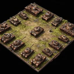 overhead view, digital painted rusted dieselpunk tank game asset sheet, turn - based strategy, 2 - minute tabletop, black background, unity asset store, by greg rutkowski, trending on artstation
