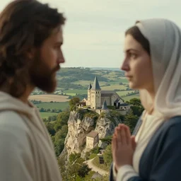 a unique close - up photo of jesus and mary magdalene standing on a cliff looking over a beautiful landscape in france, rennes - le - chateau, award winning photo, very detailed, very realistic cinematic