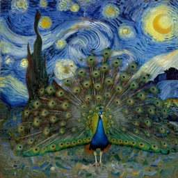 the vision of the universal peacock by james jean, daniel merriam and vincent van gogh, symbolist, visionary