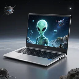 product photo concept for a new laptop made by aliens in space