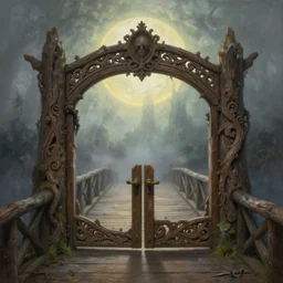 large rustic intricately decorated wood gate leading to an old wood bridge, a view to an eerie fantasy world, glowing sphere, ethereal back light, mist, coherent composition, detailed fantasy painting by artgerm, noriyoshi ohrai, yuumei