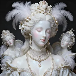 high intricate porcelain baroque stunning woman, lace collar, string of pearls, bird feathers, 8 k, glitter skin very white hyperrealistic hyperdetailed pastel, maria panfilova, andrea savchenko, sensual mike kime, ludovic plouffe, qi sheng luo, oliver cook, trending on artstation