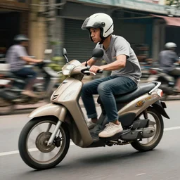 moped scotter racing on the street of hanoi, by etienne dinet, artstation cgsociety