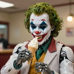 animatronic joker eating a soft serve ice cream cone 🍦, dimly lit, real - hair, photorealistic hyperdetailed 3 d matte painting, hyperrealism, hyperrealistic, cinematic, silent hill, unrealengine octane render,