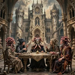 group of mages in human bodies with octopus or medusa heads sitting near the table and arguing in an ancient mage castle with enormous scale, gothic and baroque, brutalist architecture, ultradetailed, Intricate by James Jean and Josan Gonzalez and John Howe and Giuseppe Arcimboldo