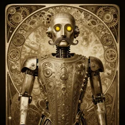 1 9 5 0 s boxy robot, large metal mustache, sepia, nebula background, glowing yellow eyes, detailed realistic surreal retro robot in full regal attire. face portrait. art nouveau, symbolist, visionary, baroque, giant fractal details. horizontal symmetry by zdzisław beksinski, gears, alphonse mucha. highly detailed, hyper - real,