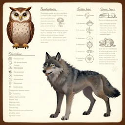 mixture between an! owl and wolf, character reference sheet, featured on artstation