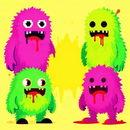 hardcore punk, glitched monsters, vomit, blood, 4 colors, flat colors, fluo colors, pink, yellow, green, red, glitched