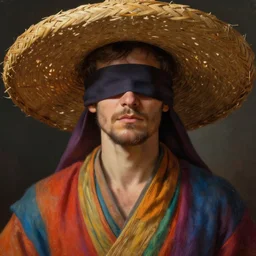 portrait of a blindfolded man in multicolored robes, a large straw hat, detailed face, highly detailed, cinematic lighting, digital art painting by greg rutkowski