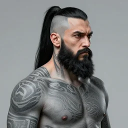 a grey goliath man with tribal tattoos, sides of head shaved with black ponytail, black beard, realistic shaded, fine details, realistic shaded lighting poster by greg rutkowski, magali villeneuve, artgerm, jeremy lipkin and michael garmash and rob rey