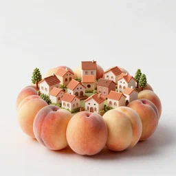 a tiny village inside a wallnut made of tiny peaches