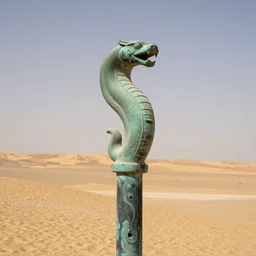 Bronze 1500BCE Canaanite serpent sculpture at the top of a tall pole. Desert background. DSLR Photography