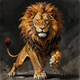 heroic character design of anthropomorphized lion, portrait, fighting posture, dramatic pose dark, atmospheric, deviantart, character art, stoic, strength, vibrant, stunning, lighthearted, highly detailed, concept art, colorized pencil, highly detailed, Akihiko Yoshida