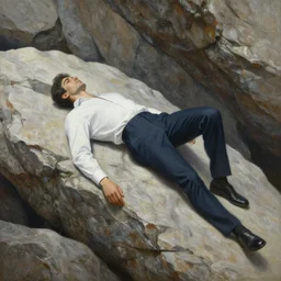highly detailed painting of a men laying on rocks, big rocks, sharp focus, dramatic scene, aesthetic, dynamic lighting, elegant, harmony, masterpiece, by roberto ferri, high quality