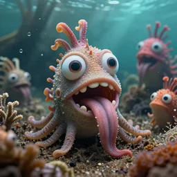 of an intricate murky seabed with strange cute friendly marine creatures with huge eyes, long tongue, round teeth and funny face appearing from the water, in the style of craola, macro lens, shallow depth of field, highly detailed, digital painting, trending artstation, concept art, illustration, cinematic lighting, vibrant colors, photorealism, epic, octane render