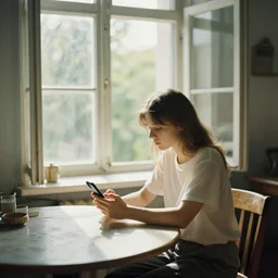 a girl with phones sits at a table in a sunny room, the window is open, by valentin serov