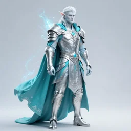 handsome male snow elf in a turquoise cape and silver ornate armour, albino skin, ultra detailed fantasy, elden ring, realistic, dnd character portrait, full body, dnd, rpg, lotr game design fanart by concept art, behance hd, artstation, deviantart, global illumination radiating a glowing aura