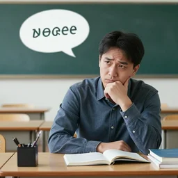 a lonely teacher in his classroom, very sad, thinking about his life choices, 🤔, 💬