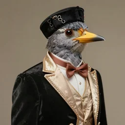 anthropomorphic bird wearing an elegant costume from 1 9 9 0 era, realistic, artgem
