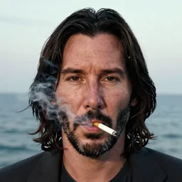 close up portrait photograph of Keanu Reeves!!! Smoking a cigarette, symmetric face!!!   ((Symmetric round eyes!!! )) . Wavy long hair. He looks directly at the camera. Slightly open mouth, face takes up half of the photo. an ocean visible in the background. 55mm nikon. Intricate.