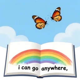 butterfly in the sky, i can go twice as high. take a look, it's in a book, a reading rainbow! i can go anywhere. friends to know, and ways to grow. a reading rainbow! i can be anything. take a look, it's in a book. a reading rainbow.