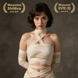 A young woman with short dark hair, full body pin up modelling in gauze bandages and sling, serious expression, photo studio background, detailed face, anime movie promotional poster, by Masume Shirow and Julie Bell