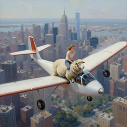 sheep riding on a small aircraft with flapping wings in the sky, ornithopter, manhattan skyline aerial view backdrop, oil on canvas, cinematic lighting, high detail