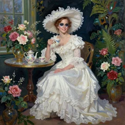 happy very thick paint brush strokes paint texture full body fashion model emma watson by Jeremy Lipking by Hasui Kawase by Richard Schmid (((smokey eyes makeup eye shadow fantasy, glow, shimmer as victorian woman in a long white frilly lace dress and a large white hat having tea in a sunroom filled with flowers, roses and lush fern flowers ,intricate, night, highly detailed, dramatic lighting))) , high quality