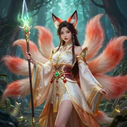 ahri by yuumei | by wlop | fantasy | ornate traditional chinese gown | holding a glowing spear | mystical forest | dragon | digital | very detailed | by natalie shau | portrait | the nine - tailed fox | league of legends