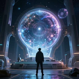 a man standing in front of huge multiverse machine, holographic outter space, trending on artstation HD,