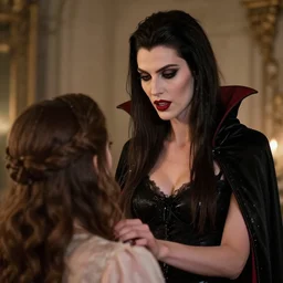 professional photograph of a real-life beautiful tall vampire woman looking down at woman.  Extremely detailed. 8k