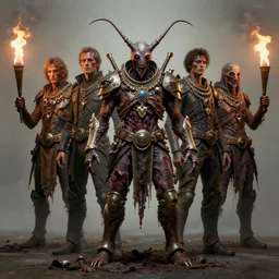 airbrush god maggot, 5 charactors, rotting jewelry, armored, syd mead, enric torres, alberto bontempi, feng zu hyper realism, narrative light, muted colors, epic, hyper detailed, awe inspiring, award winning horror, torch lighting, hyper realism, cinematical