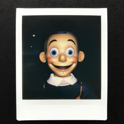 A highly detailed head and shoulders masterpiece eerie polaroid of a ventriloquist dummy in eraserhead smiling, horror, scary, terrifying, horrific, nighttime, dimly lit, creepy hd 4k