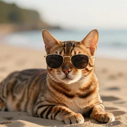 a bengal cat wearing sunglasses, relaxing at the beach, eyes closed, Golden hour, bokeh, 4k photo,