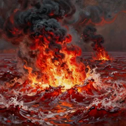 a churning, boiling, flaming, burning red sea with lots of smoky black and red steam, extremely detailed oil painting, unreal 5 render, rhads, Bruce Pennington, Studio Ghibli, tim hildebrandt, digital art, octane render, beautiful composition, trending on artstation, award-winning photograph, masterpiece