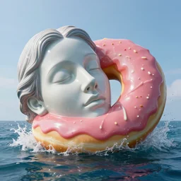 a massive porcelain sculpture of a squashed human face in love with a giant jelly donut on the ocean water, cinematic, hyper - realistic, very detailed, realistic water splashes, ray tracing, 8 k resolution, long - shot, sharp focus, low angle, 8 5 mm photograph, wide lens