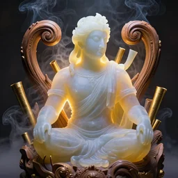 zeus made of soft translucent wax, wooden art nouveau swirls, strong subsurface scattering, smoke, tubes, gold elements, subsurface scattering, in the style of ruan jia and beeple, subsurface scattering, mystical colors, back light, rim light, dramatic lighting, 8 k, stunning scene, octane render
