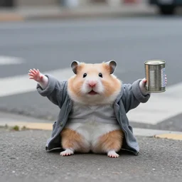 “ hamster dressed as a homeless person sitting at an intersection with arms stretched out holding a tin can ”